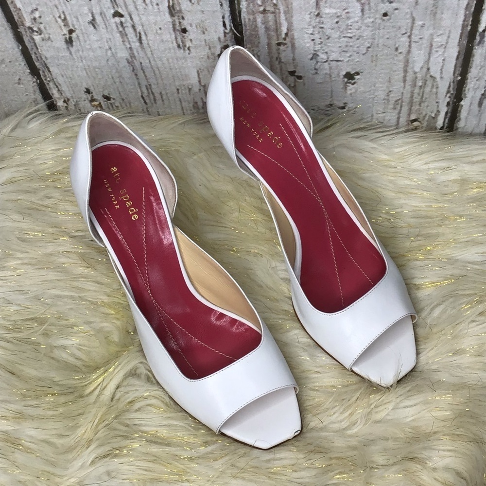 Kate Spade White D'orsay Open Toe Stacked Wood Wedding Heels Sz‎ 7.5 - Picture 2 of 16